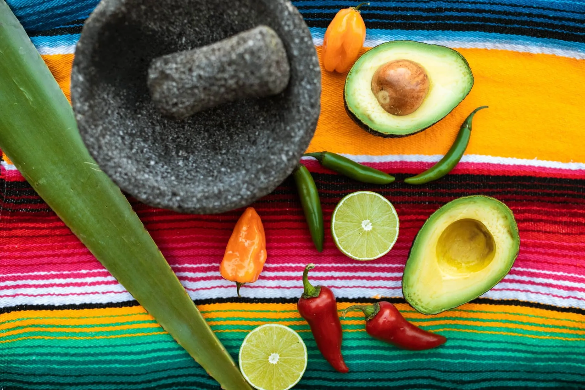 Imagen de manta con molcajete, aguacate, limón y chiles.