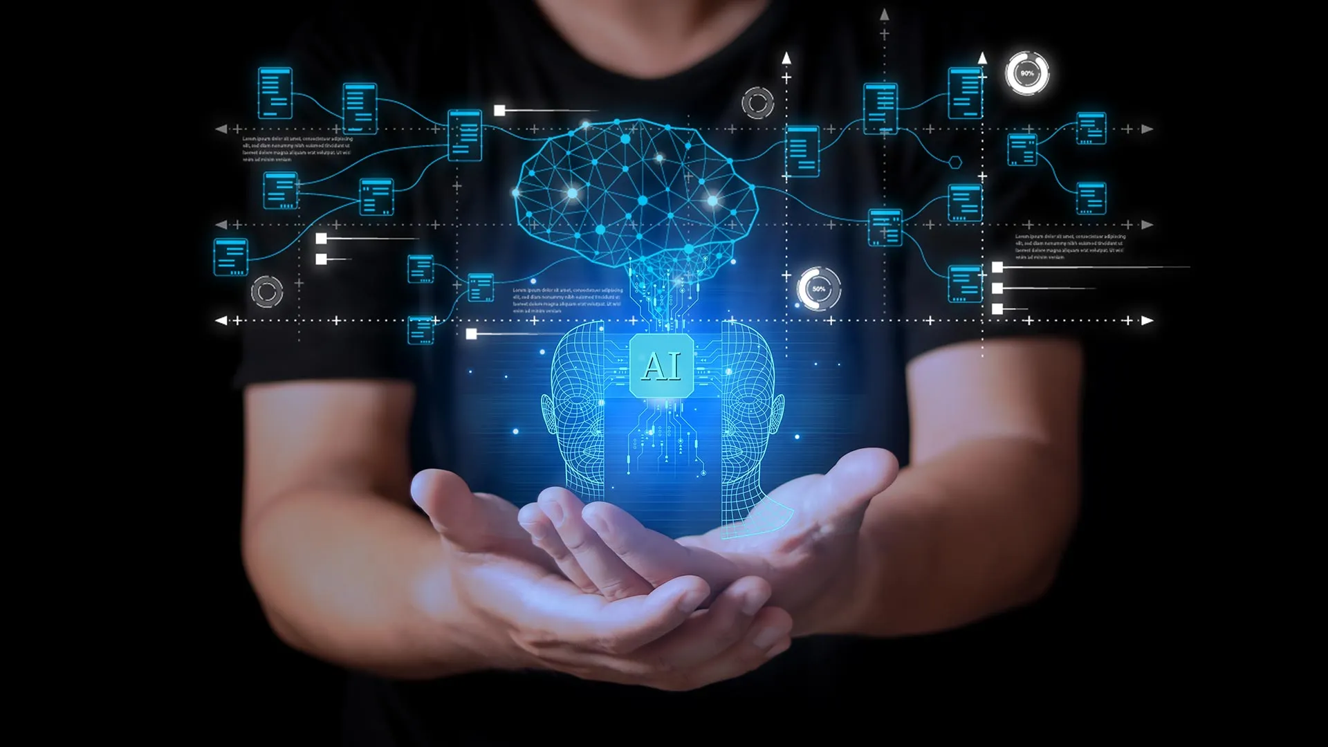 Joven con manos extendidas, de las cuales emanan iconos y gráficos tipo holograma, para conceptualizar la creación de apps con inteligencia artificial