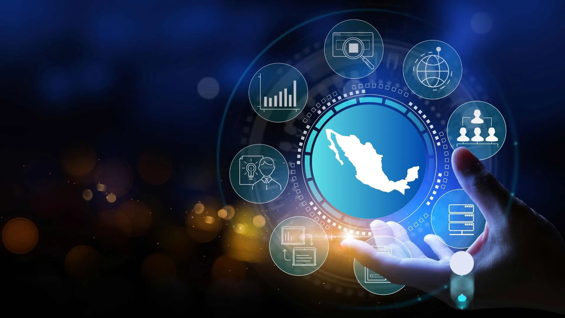 Logos en holograma, destacando un mapa de México y alrededor icione
