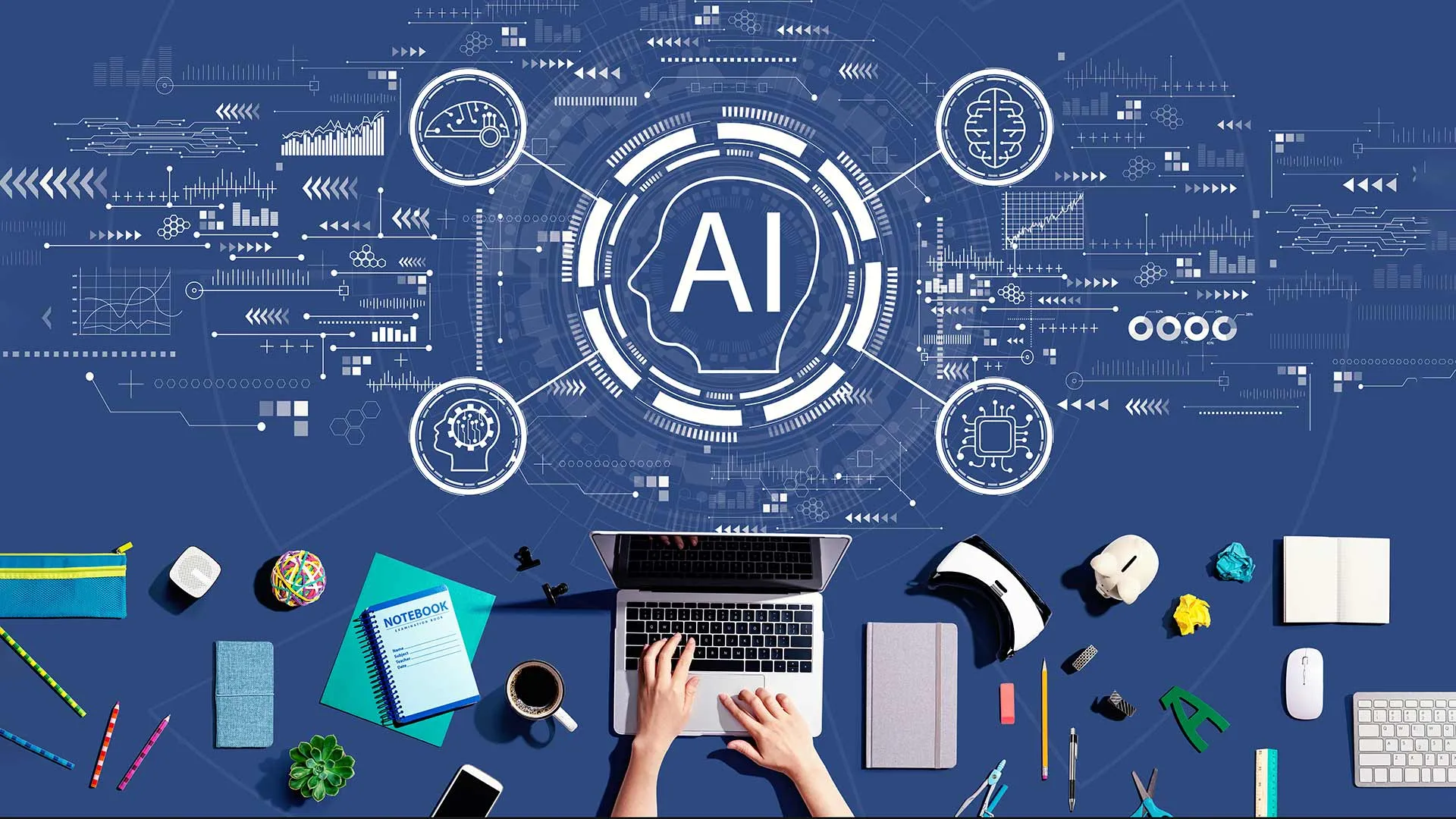 Iconos de tecnología alrededor de las letras AI, representando la inteligencia artificial