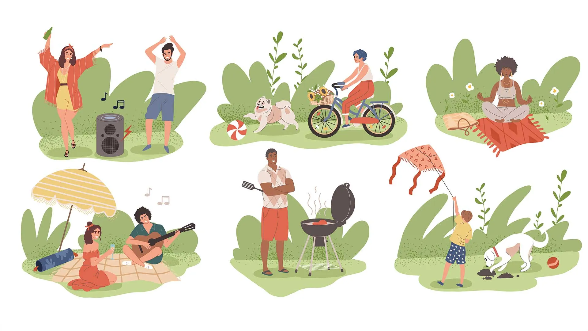 Ilustración con personas disfrutando sus vacaciones: meditando, realizando una carne asada, paseando en bicicleta