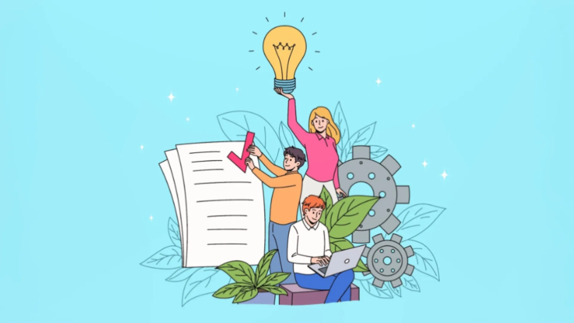 Ilustración con jóvenes estudiantes, con elementos alrededor de innovación, estudio y trabajo