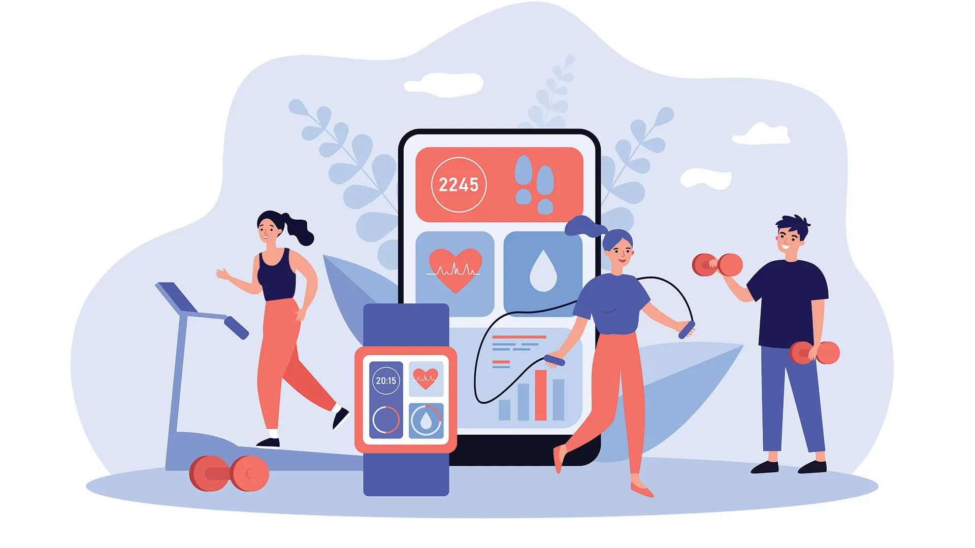 Ilustración de 2 chicas y 1 chico haciendo ejercicio, y de fondo una tablet y un smartwatch con apps de vida saludable