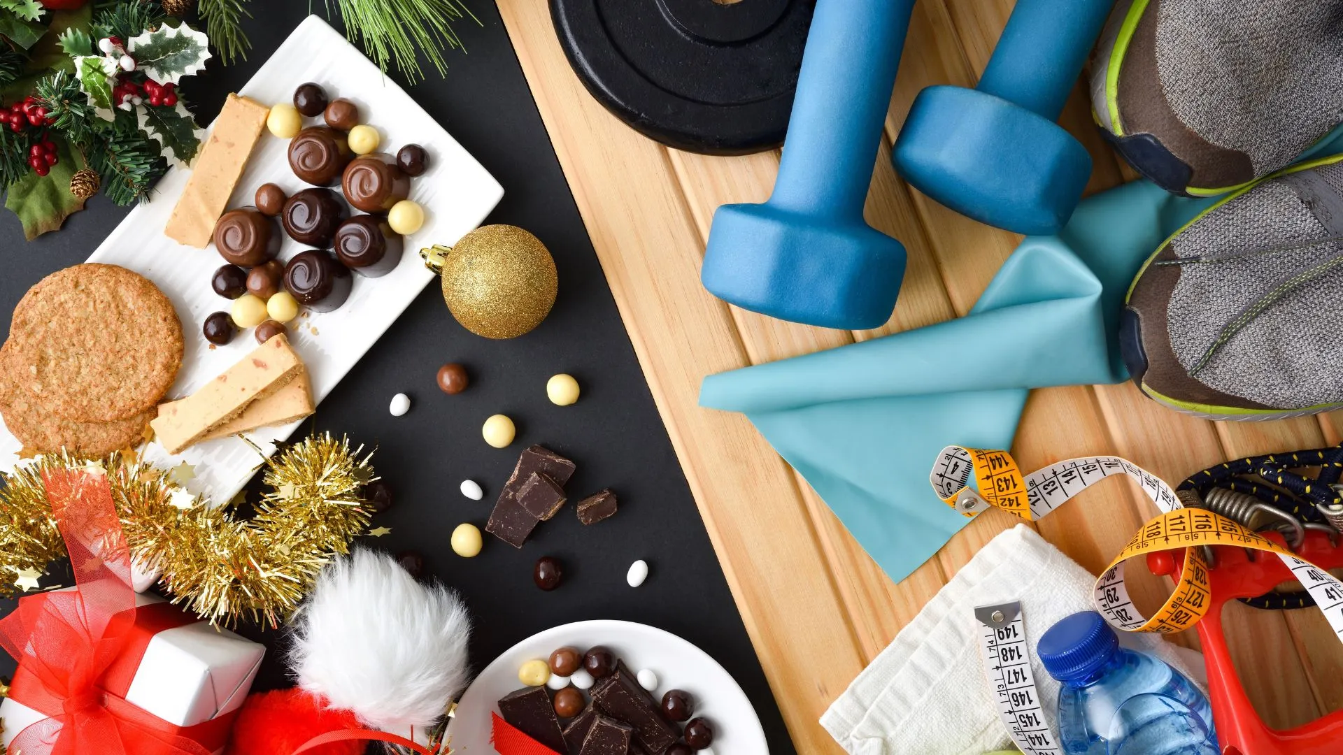 foto de mesa con platillos navideños y elementos de ejercicio y control de peso