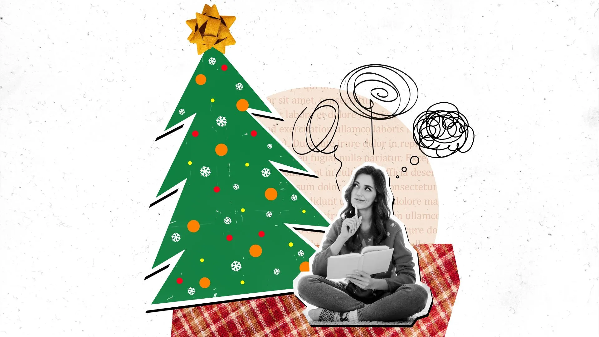 Ilustración de chica joven pensativa, dentro de una esfera de navidad, con personas a su alrededor celebrando la época decembrina, concepto de cuidado de salud mental en navidad
