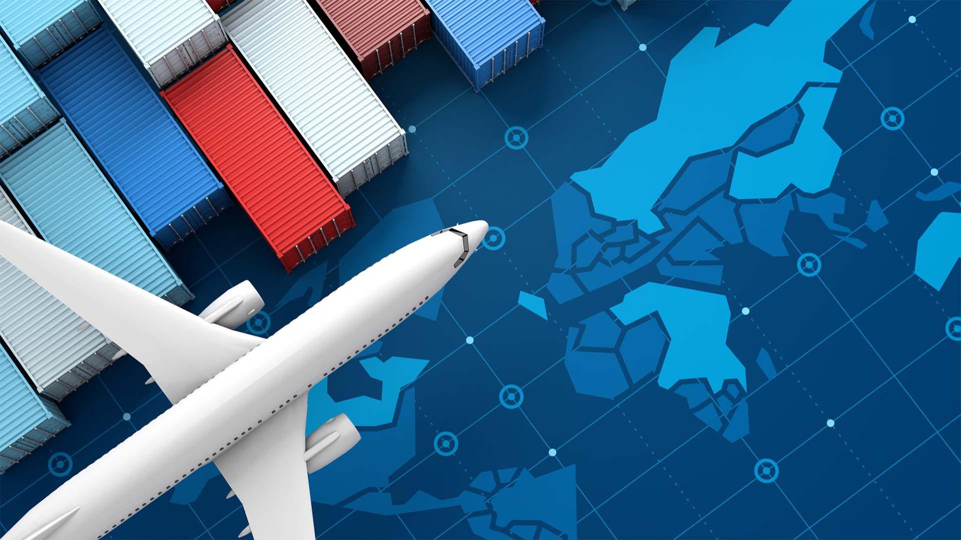 Avión y contenedores industriales sobre mapa