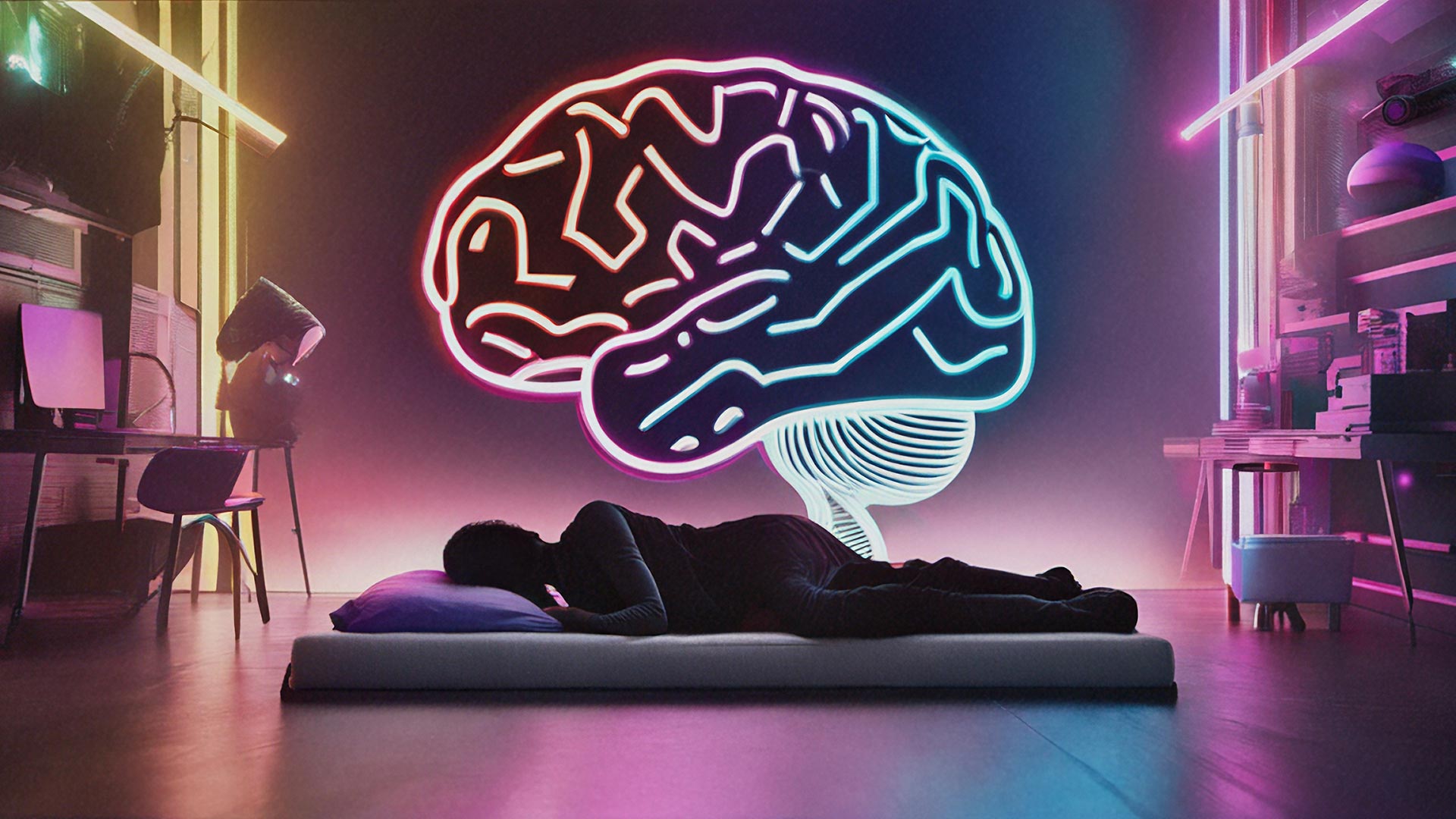Ilustración conceptual de una persona durmiendo y un cerebro iluminado en la pared que conceptualiza la creatividad