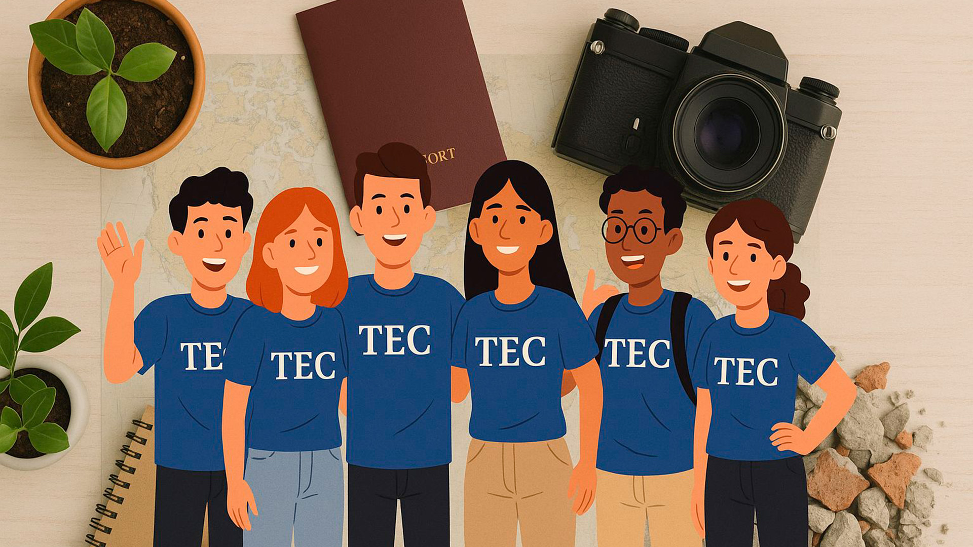 Imagen con referencias a viajes y acción social, con estudiantes en el centro