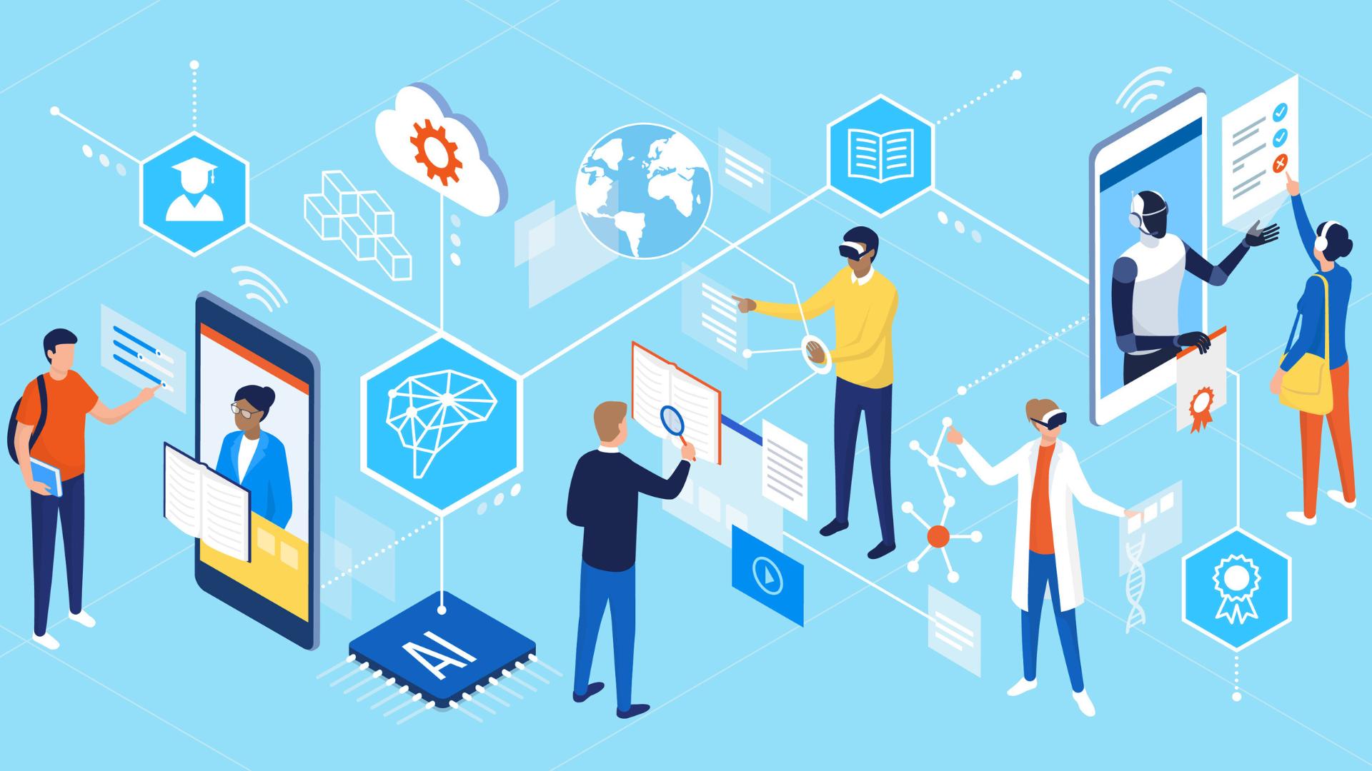 Ilustración de jóvenes trabajando con herramientas tecnológicas y de inteligencia artificial