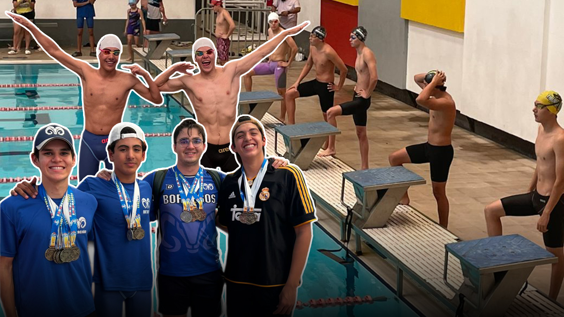 Montaje de alumnos 4 alumnos abrazados con múltiples medallas colgadas en los cuellos, sobre una foto de nadadores preparándose para iniciar una carrera.