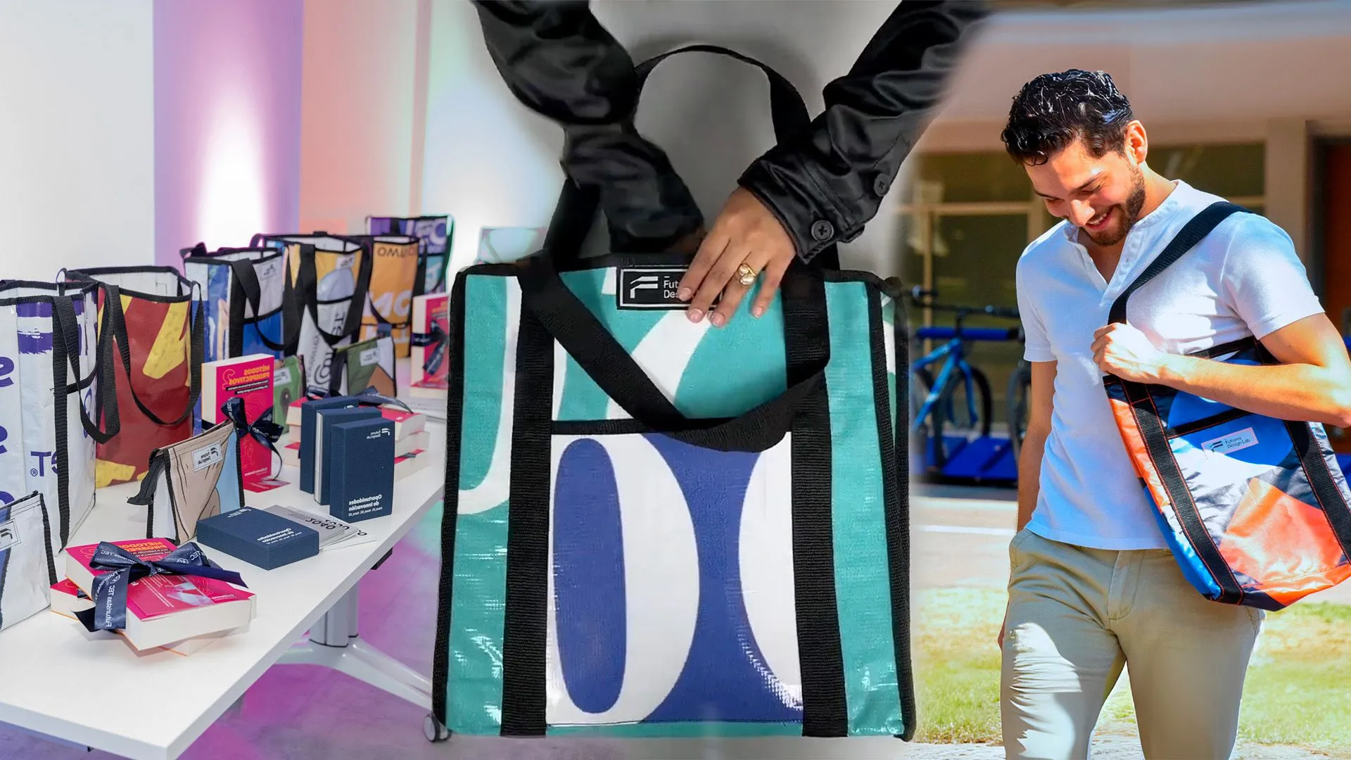 Productos de The after life collection, que convierten lonas publicitarias en tote bags y estuches