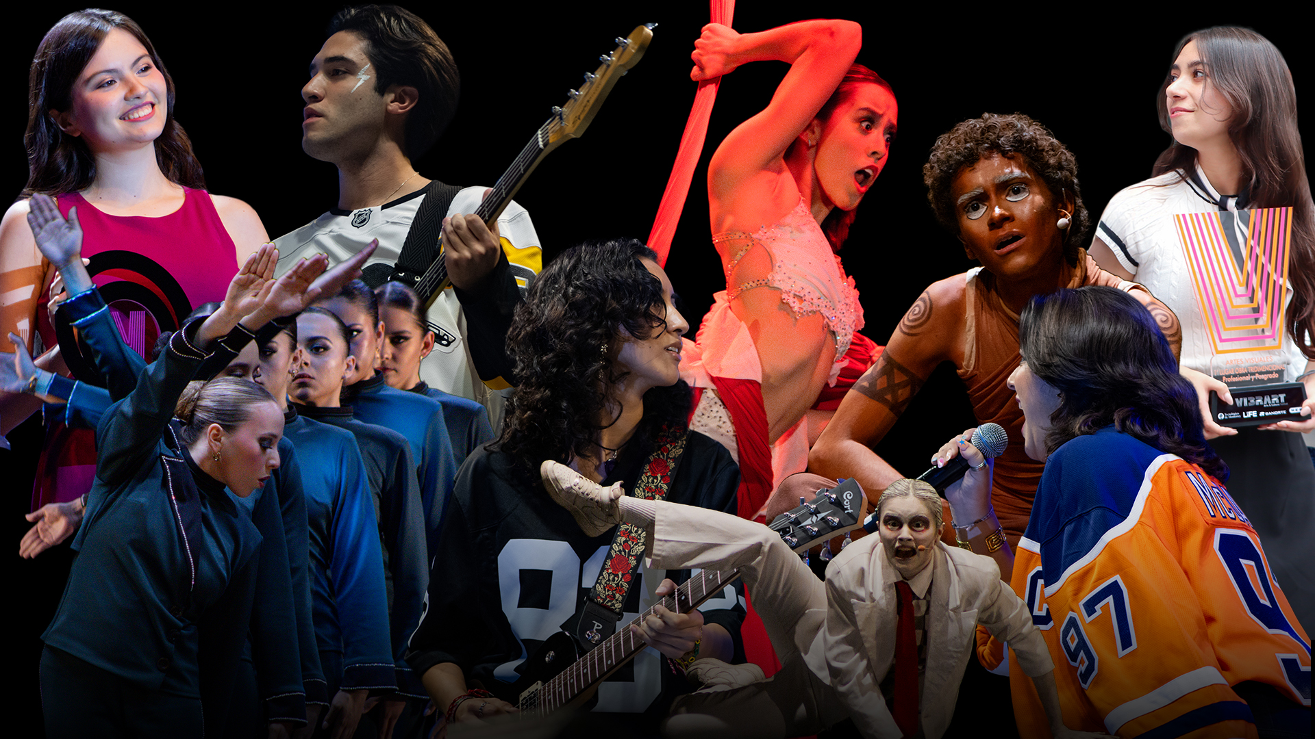Montaje de fotos de alumnos universitarios compitiendo en disciplinas artísticas como canto, baile y música.
