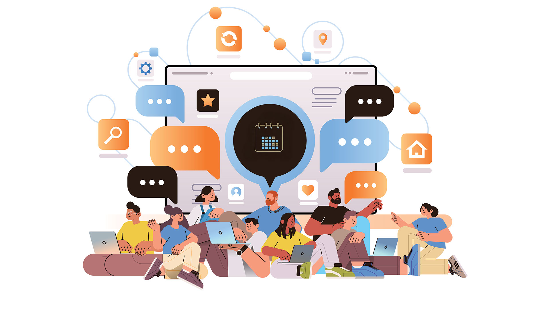 Ilustración de estudiantes con iconos de apps de estudio y herramientas tecnológicas a su alrededor