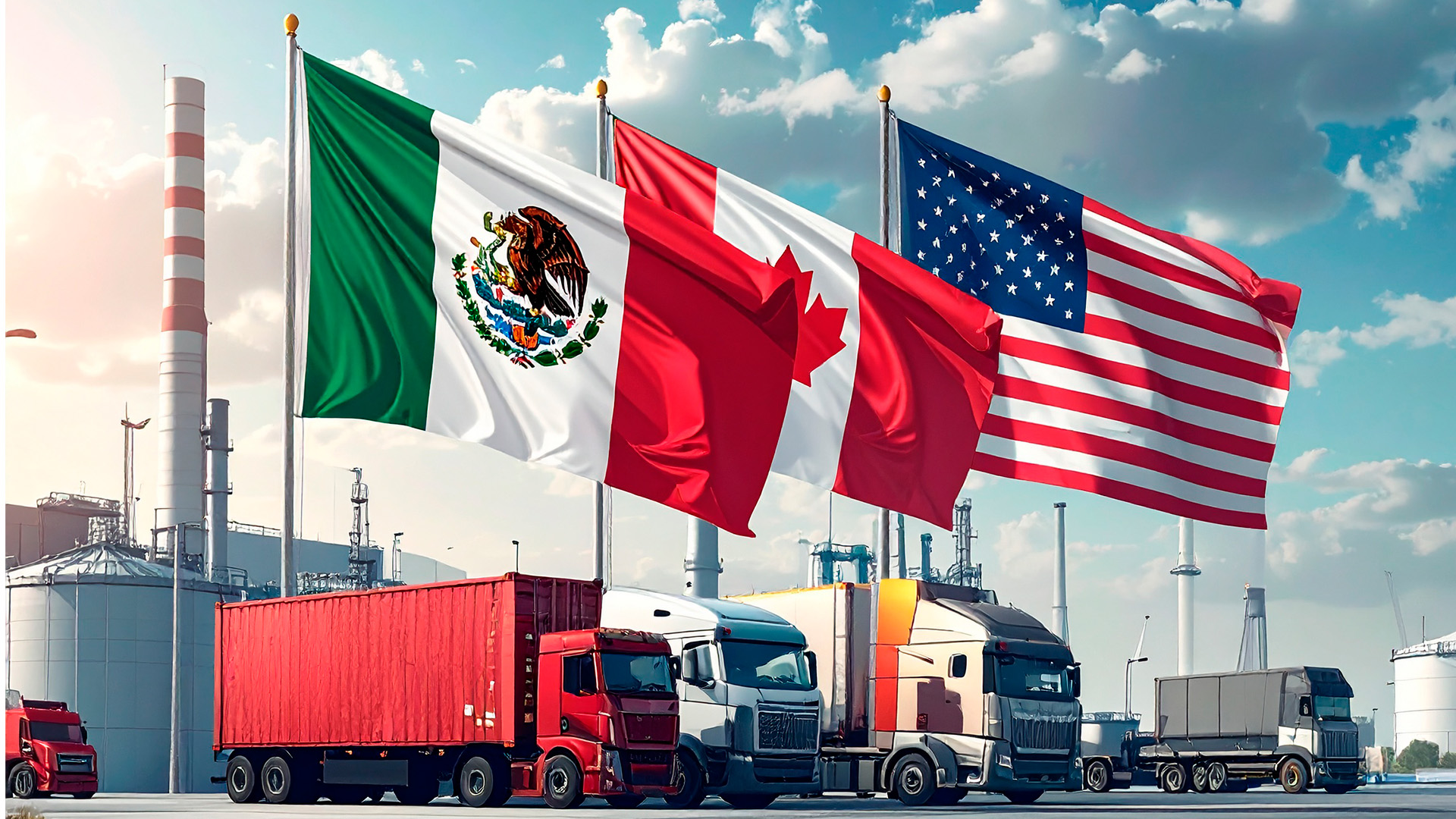 Banderas de México, Estados Unidos y Canadá en un entorno industrial hacen referencia al T-MEC