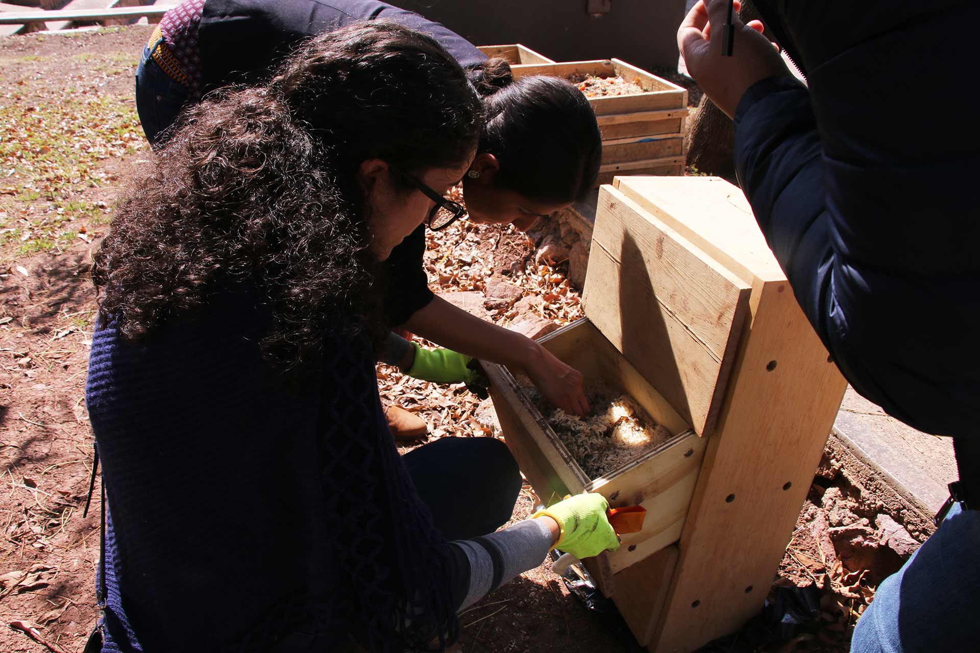 Alumna colocando desechos en el lombricompostero.