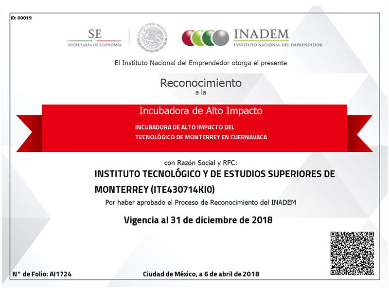 Diploma de Certificación del INADEM como Incubadora de Alto Impacto.