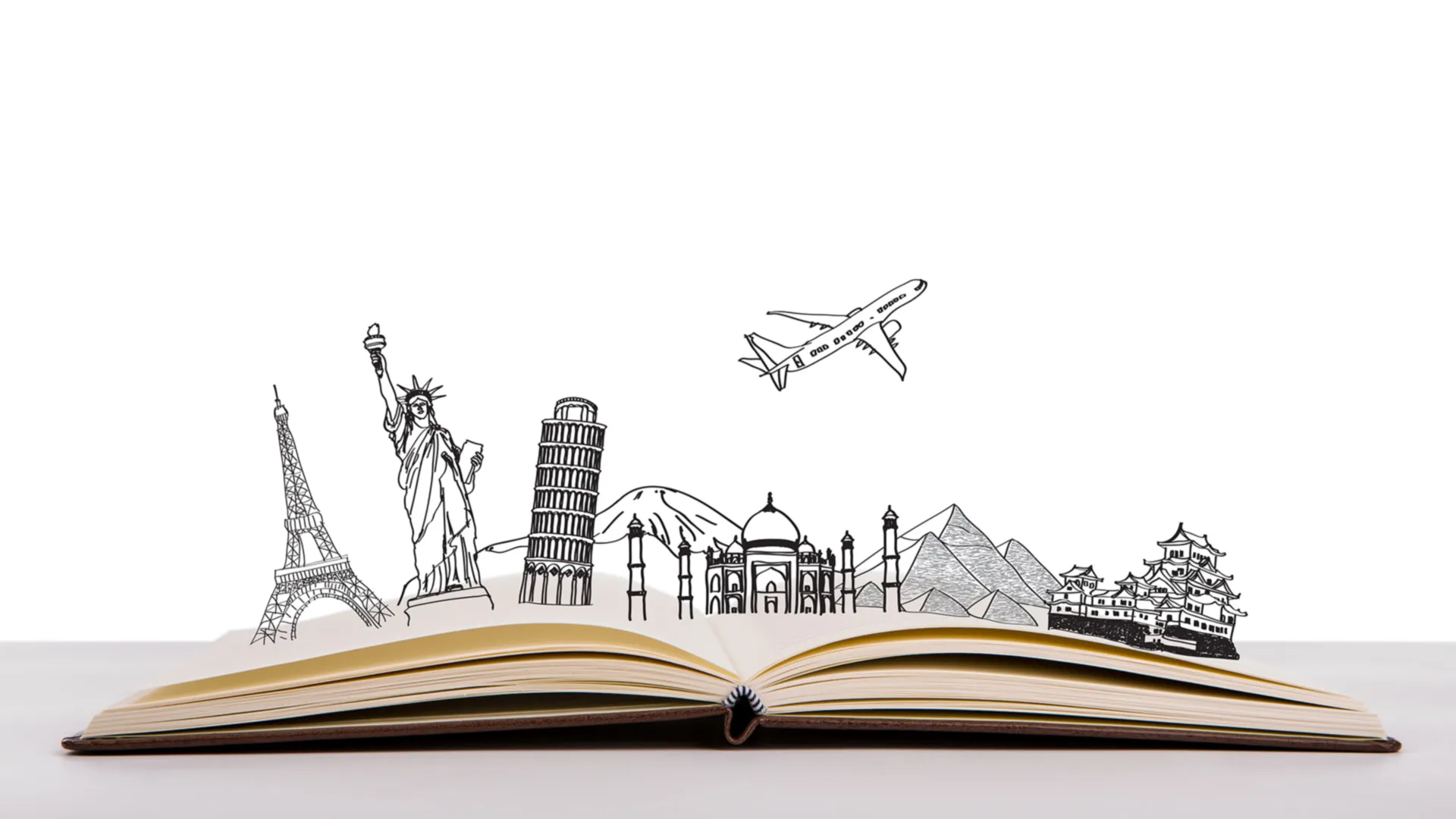 Imagen de libro abierto y lugares del mundo