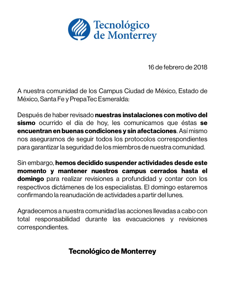 Comunicado sismo 16 febrero