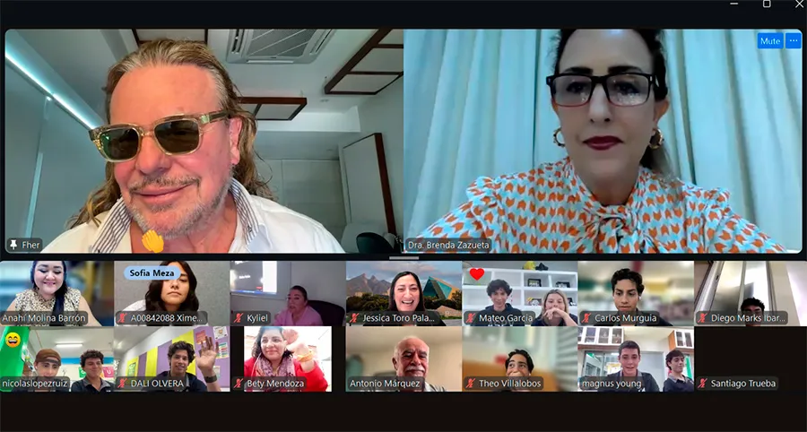 Fher de Mana en sesi&oacute;n de zoom con los estudiantes Tec que participan en su fundaci&oacute;n.