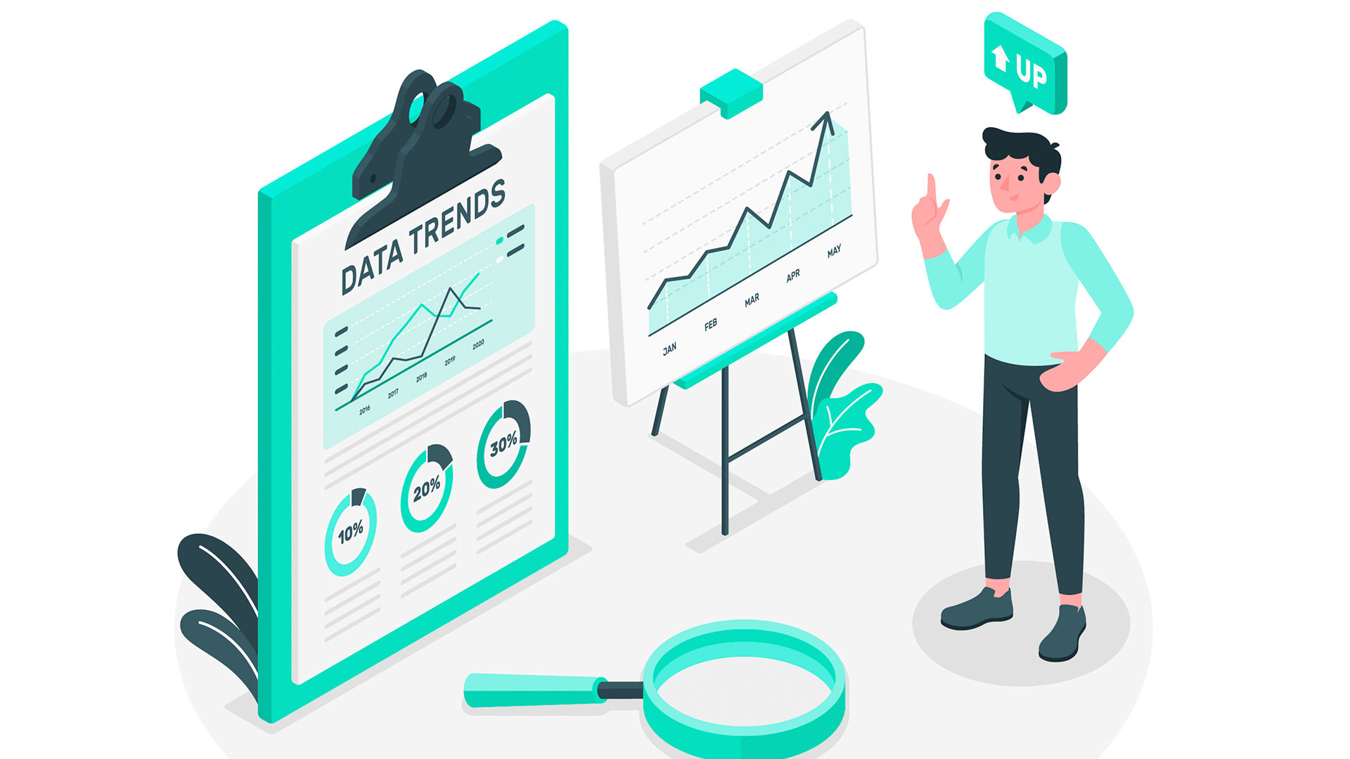 Animación de persona con datos de tendencia en el mercado