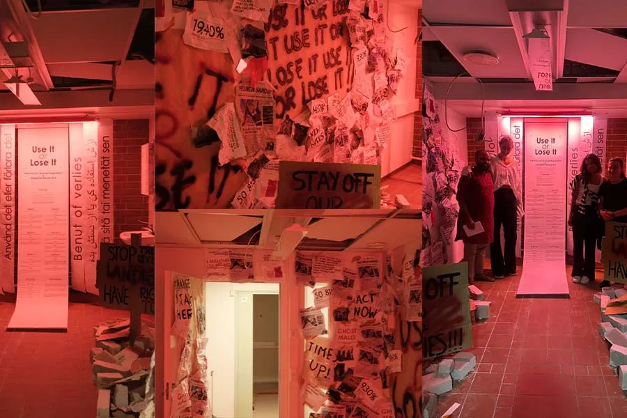 Collage de fotos de una exposici&oacute;n montada en un edificio abandonado. Todas est&aacute;n iluminadas con una luz roja. 