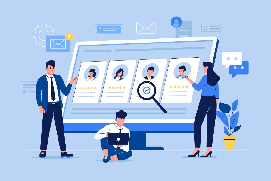 Ilustración de reclutadores analizando perfiles de candidatos en una pantalla digital, simbolizando entrevistas y procesos de búsqueda de empleo.