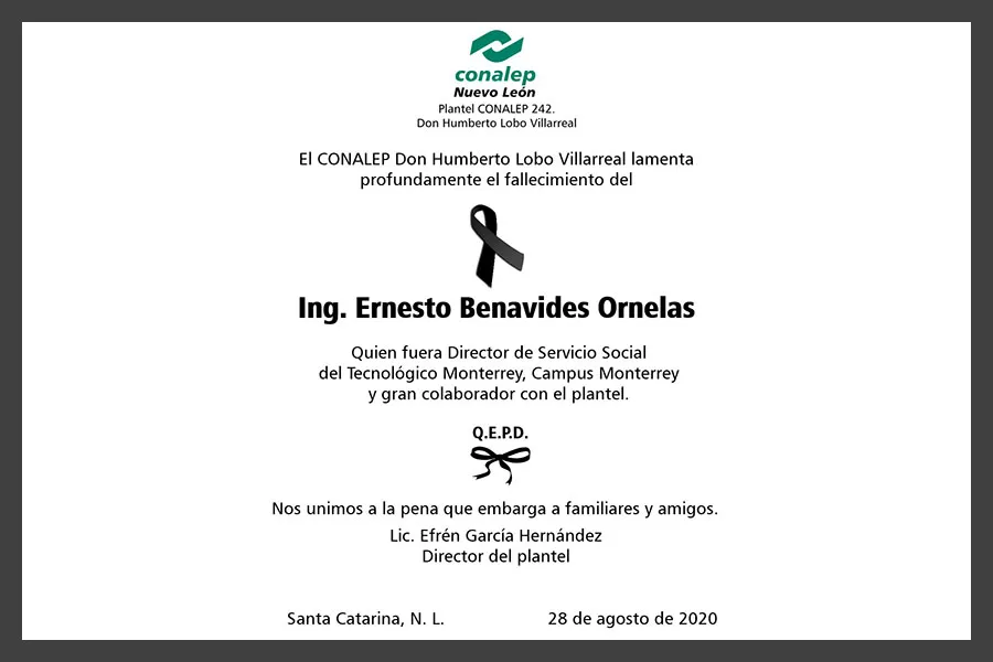 Mensaje condolencia Ernesto Benavides CONALEP