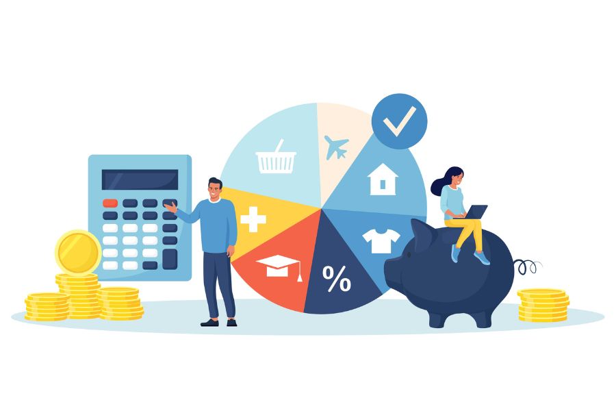 Ilustración de jóvenes con conceptos de planeación financiera