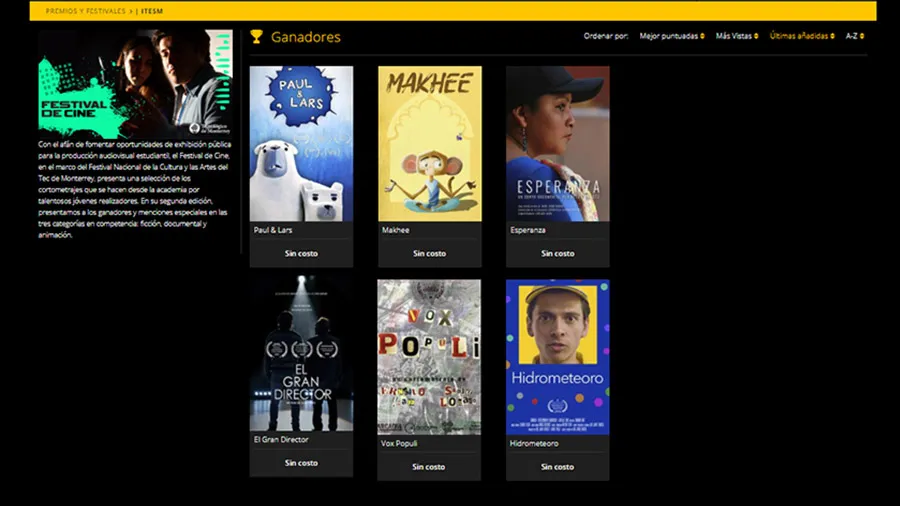 Screenshot de la plataforma de cinepolis con cortometrajes del Tec