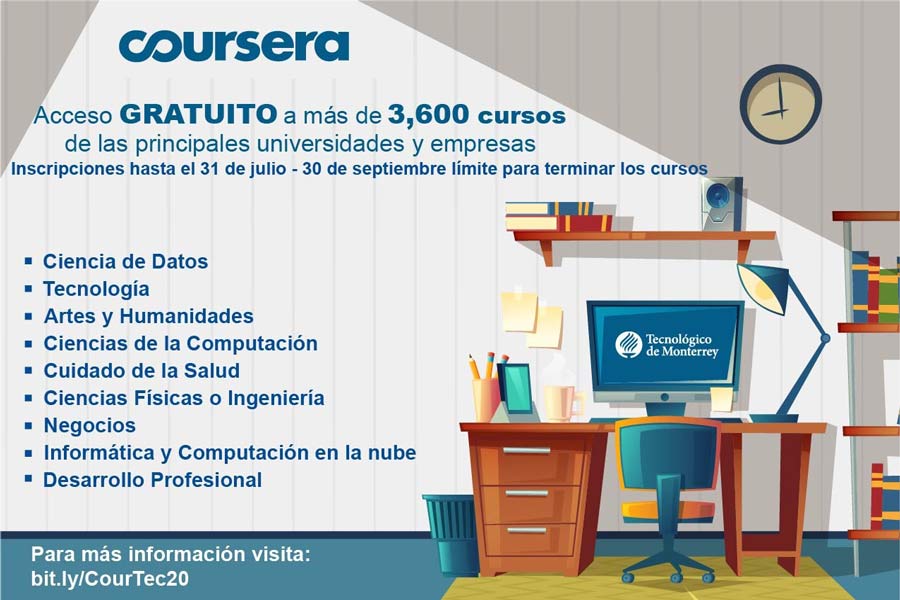 Son más de 3 mil 600 cursos gratuitos para la comunidad Tec en Coursera.