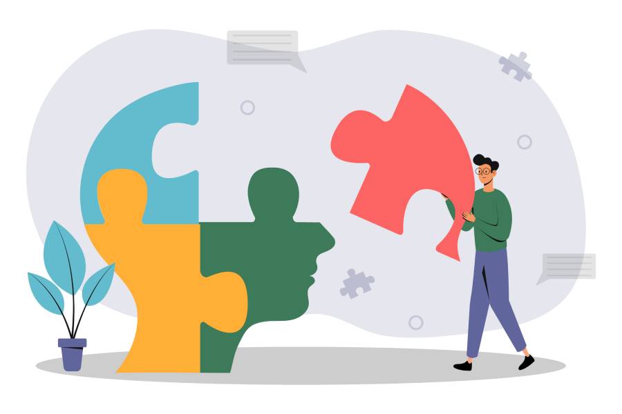 Ilustración conceptual de 2 jóvenes construyendo un cerebro con piezas de rompcabezas, para representar el cuidado de la salud mental