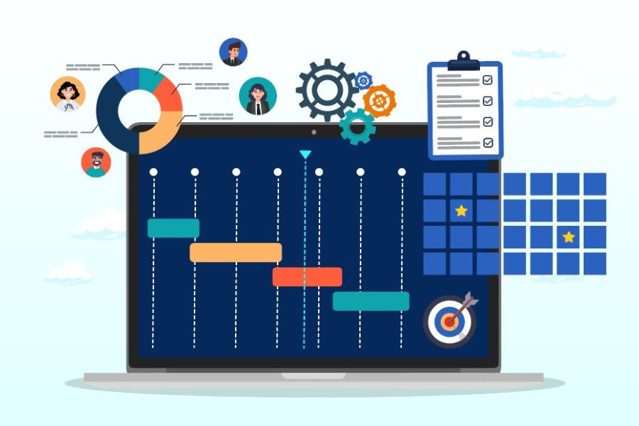 Ilustración sobre gestión de proyectos y mejora de procesos, con planeación estratégica, seguimiento de tareas, metas y uso de metodologías organizacionales.