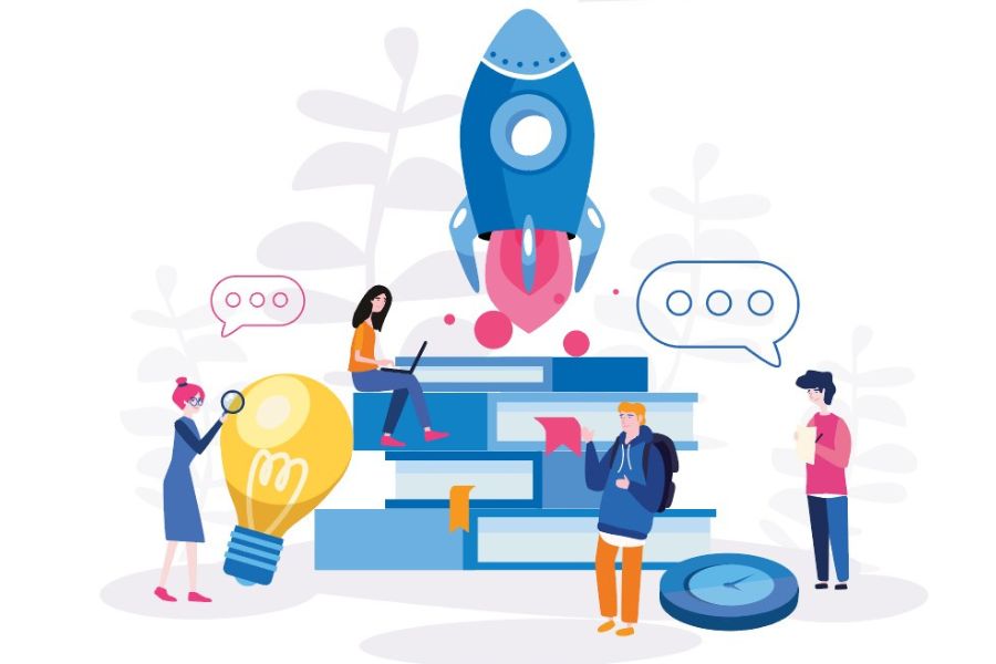 Ilustración sobre emprendimiento e innovación, con personas desarrollando ideas, lanzando proyectos y analizando modelos de negocio.