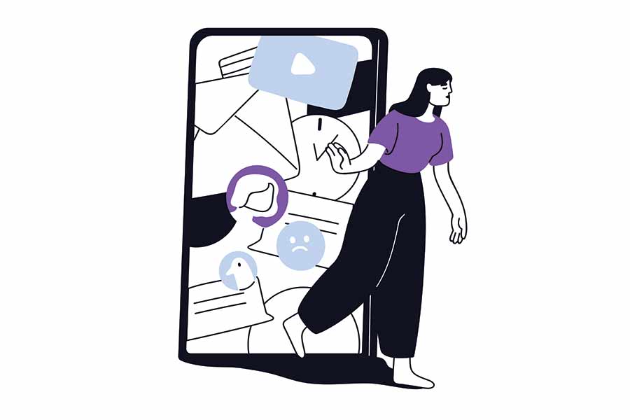 Ilustración conceptual de chica saliendo de una pantalla de celular, para reflejar la necesidad de un detox digital