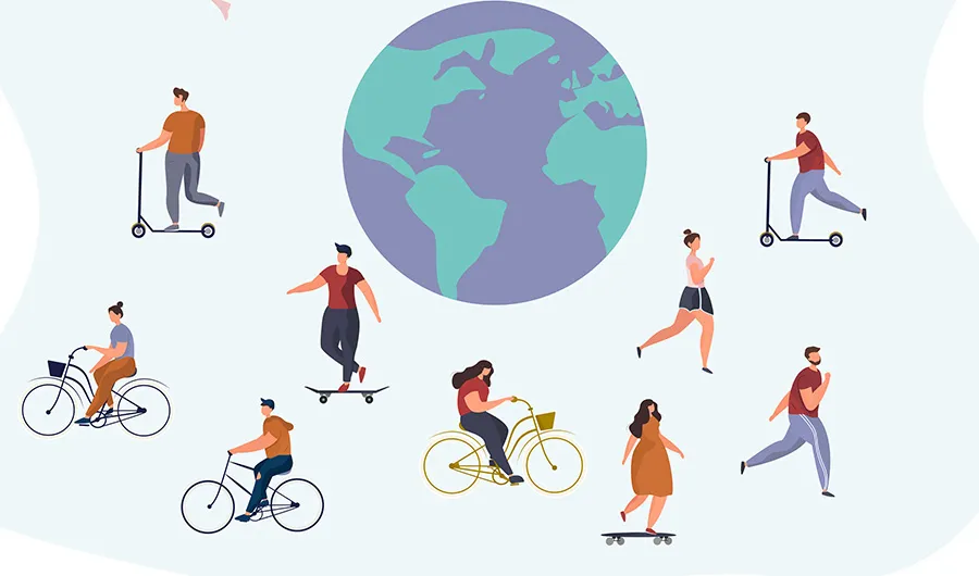Ilustración con jóvenes utilizando medios de transporters sustentables, como biciletas, patinetas, scooters o caminando