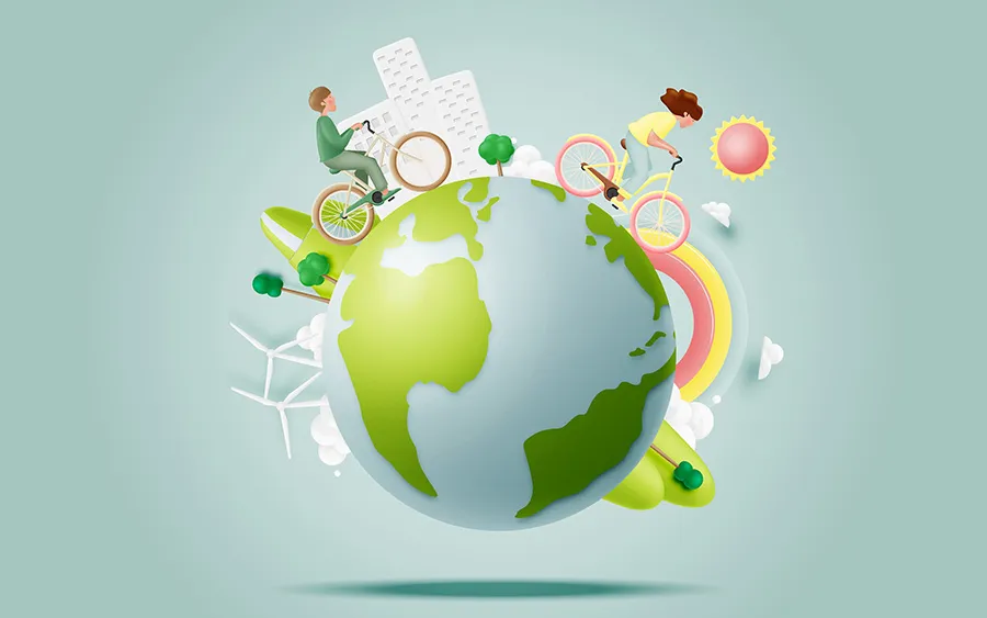 Ilustración de planeta tierra con chicos utilizando bicis