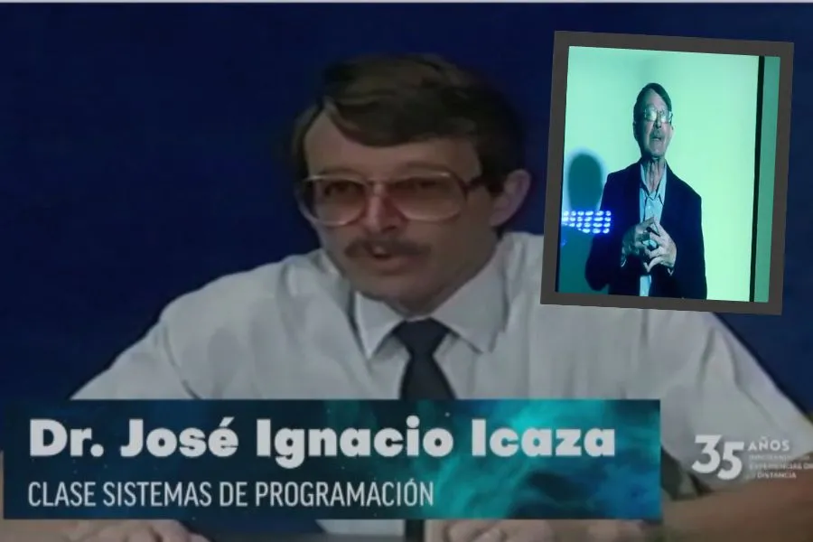 Doctor José Ignacio Icaza, en 1989, durante la primera clase de transmisión del Sistema de Educación Interactiva por Satélite, en 1989. En un recuadro aparece el Dr. Icaza, en proyección holográfica bidimensional, en ceremonia de 2024.