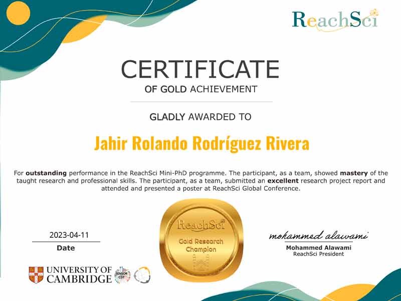 Ejemplo de uno de los reconocimientos obtenidos por el proyecto de investigación presentado en ReachSci.