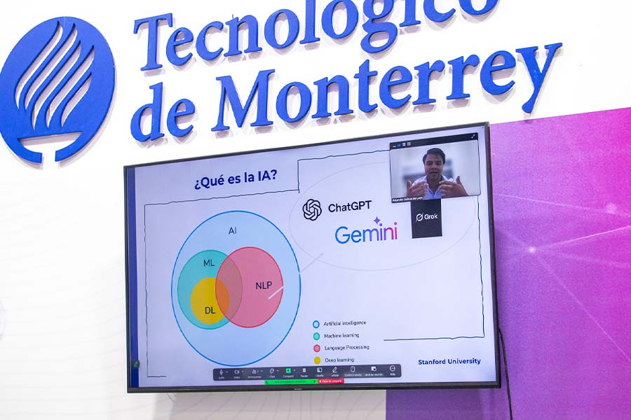 Televisión empotrada en una pared, en la pantalla se ve un Diagrama de Venn y una pequeña ventana en la esquina con un hombre hablando.. 