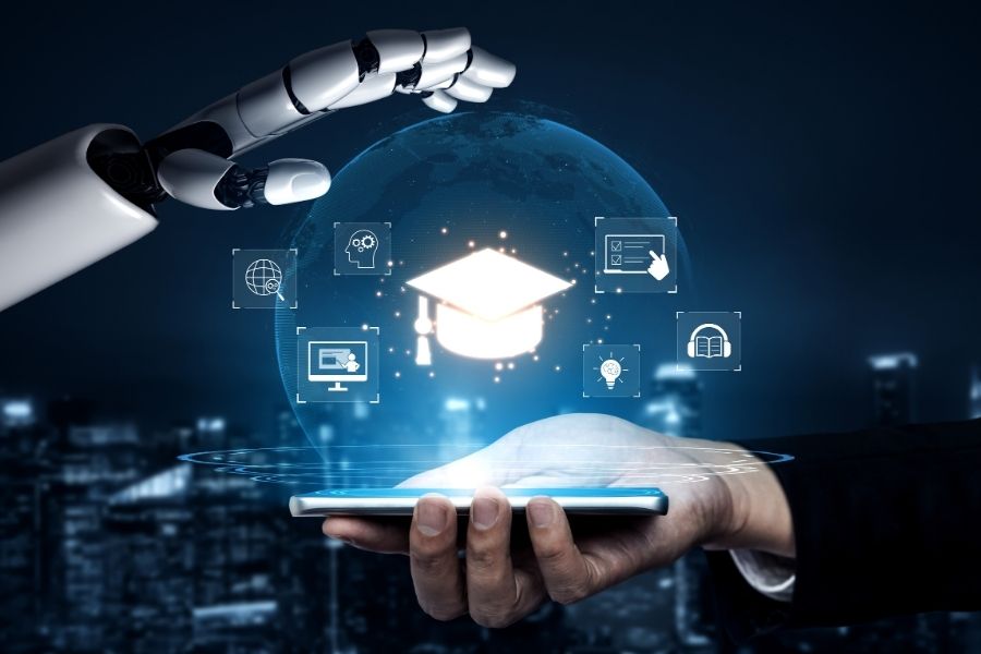 imagen conceptual de elementos de inteligencia artificial integrados a la educaci&oacute;n.