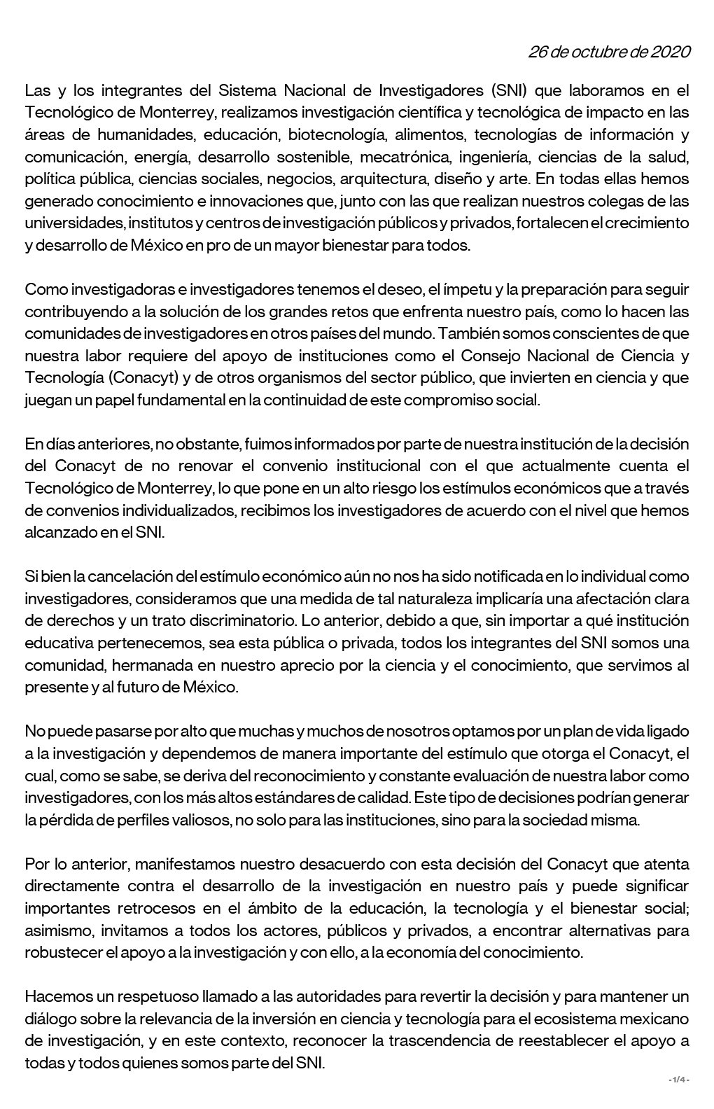 Carta de investigadores SNI al Tec