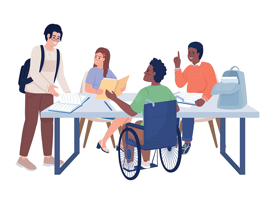 jóvenes estudiantes, uno de ellos en sillas de ruedas