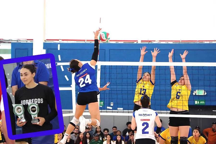 Melissa Garciglia, jugadora de Borregos Monterrey de voleibol femenil, en jugada contra Tigres de la UANL. 
