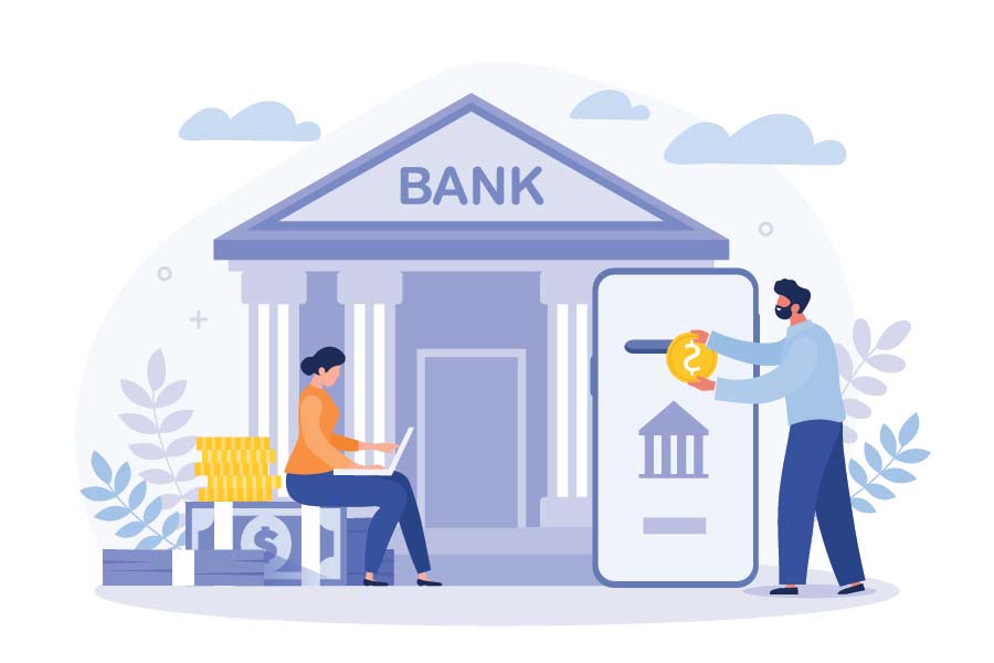 Ilustración de dos personas haciendo transacciones bancarias digitales