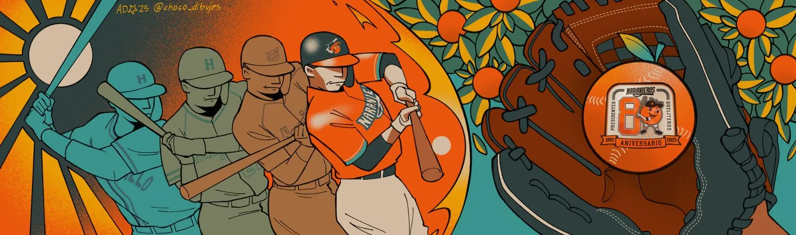 Dise&ntilde;o de un mural que plasma un sol y 4 figuras de beisbolistas haciendo swing en diferentes colores degradados del azul al naranja en el extremo izquierdo. En el lado derecho se ve un arbol de naranjas en el fondo y enfrente un guante de beisbol que sostiene una pelota naranja con el logo del 80 aniversario de Naranjeros de Hermosillo. 