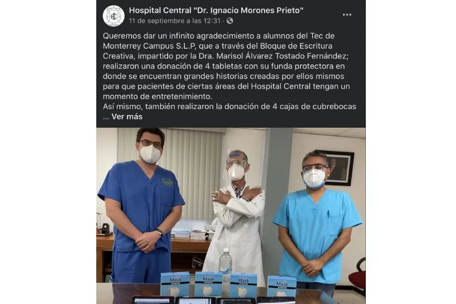 Publicación de Facebook realizada por el Hospital central en agradecimiento al donativo