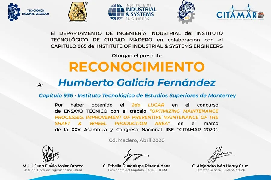Reconocimiento electrónico del segundo lugar obtenido por Humberto Galicia.