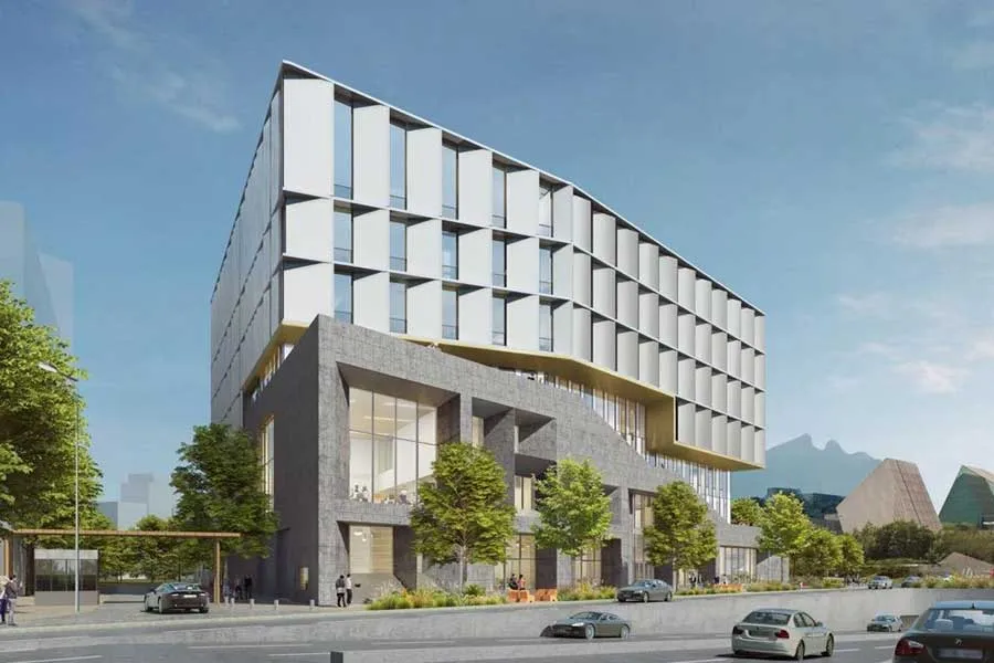 Render de cómo se visualizará el edificio Expedition del Tec, desde la Avenida Eugenio Garza Sada en Monterrey