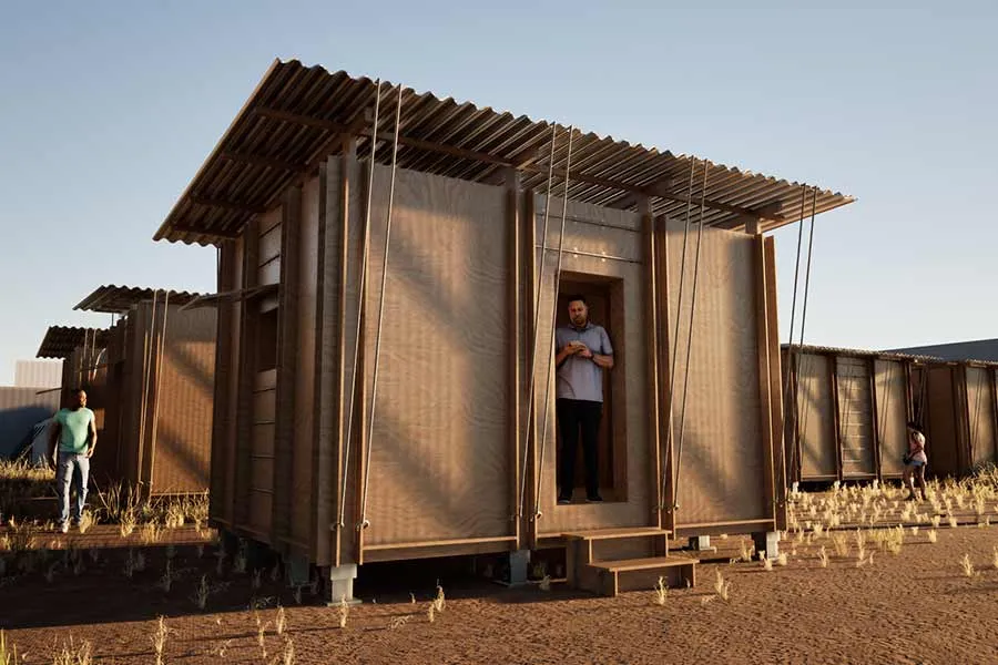 render del proyecto de refugio modular desarrollado por estudiantes del Tec en el concurso de diseño social 2024.