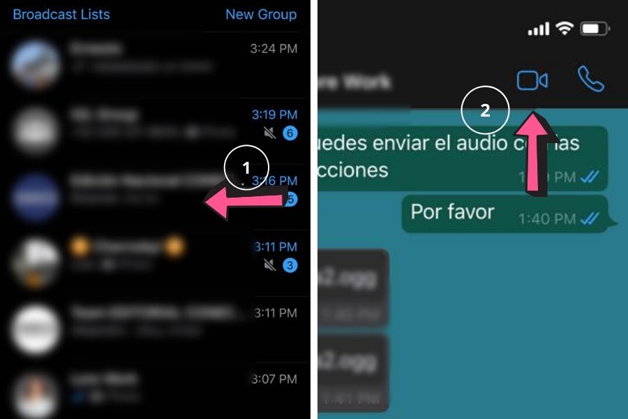 Pantallas de whatsapp para mostar los pasos para realizar videollamada